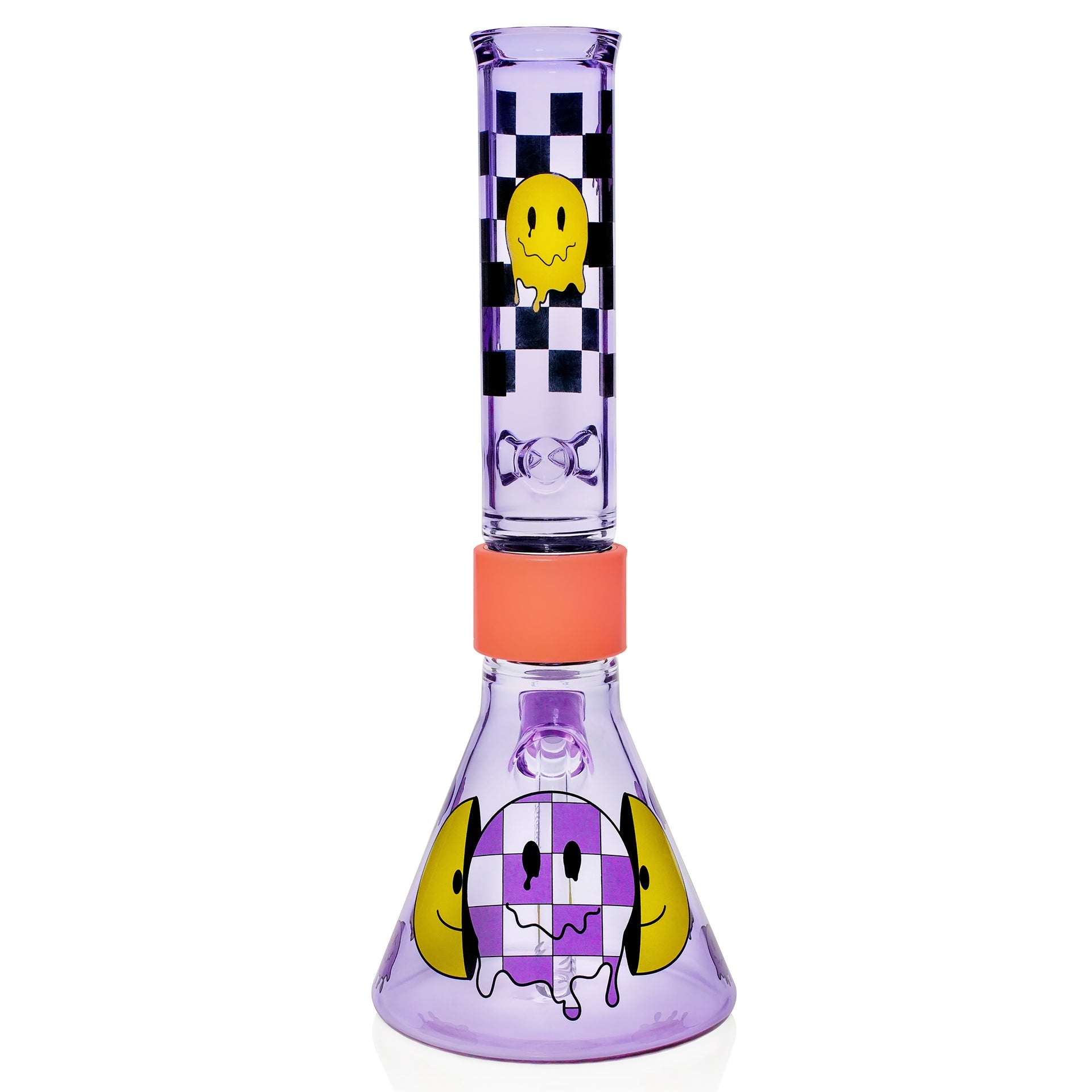 Beaker Halo function glass water pipe, clear with colorful accents, 12 inches. - grape jolly, back view