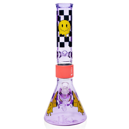 Beaker Halo function glass water pipe, clear with colorful accents, 12 inches. - grape jolly, front view