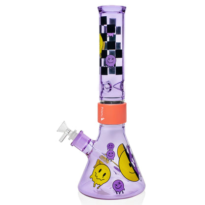 Beaker Halo function glass water pipe, clear with colorful accents, 12 inches. - grape jolly, left side view