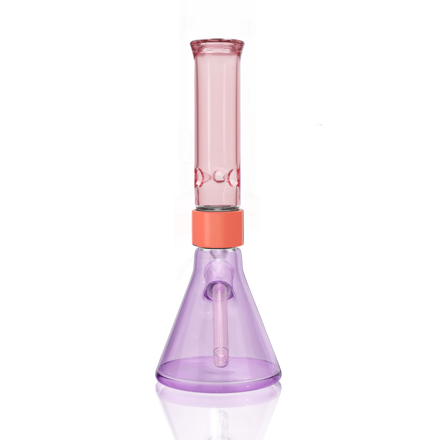 Prism Classic Duo Standard Beaker Single Stack in Grape Jolly Rancher and Pink Lemonade. A full-sized modular glass bong featuring a heavy-duty 7mm thick borosilicate beaker base in Grape Jolly Rancher purple, a coral anodized aluminum Classic Halo connector, and a Classic translucent Pink Lemonade standard mouthpiece. Includes matching Grape Jolly Rancher glass downstem and 14mm bowl.