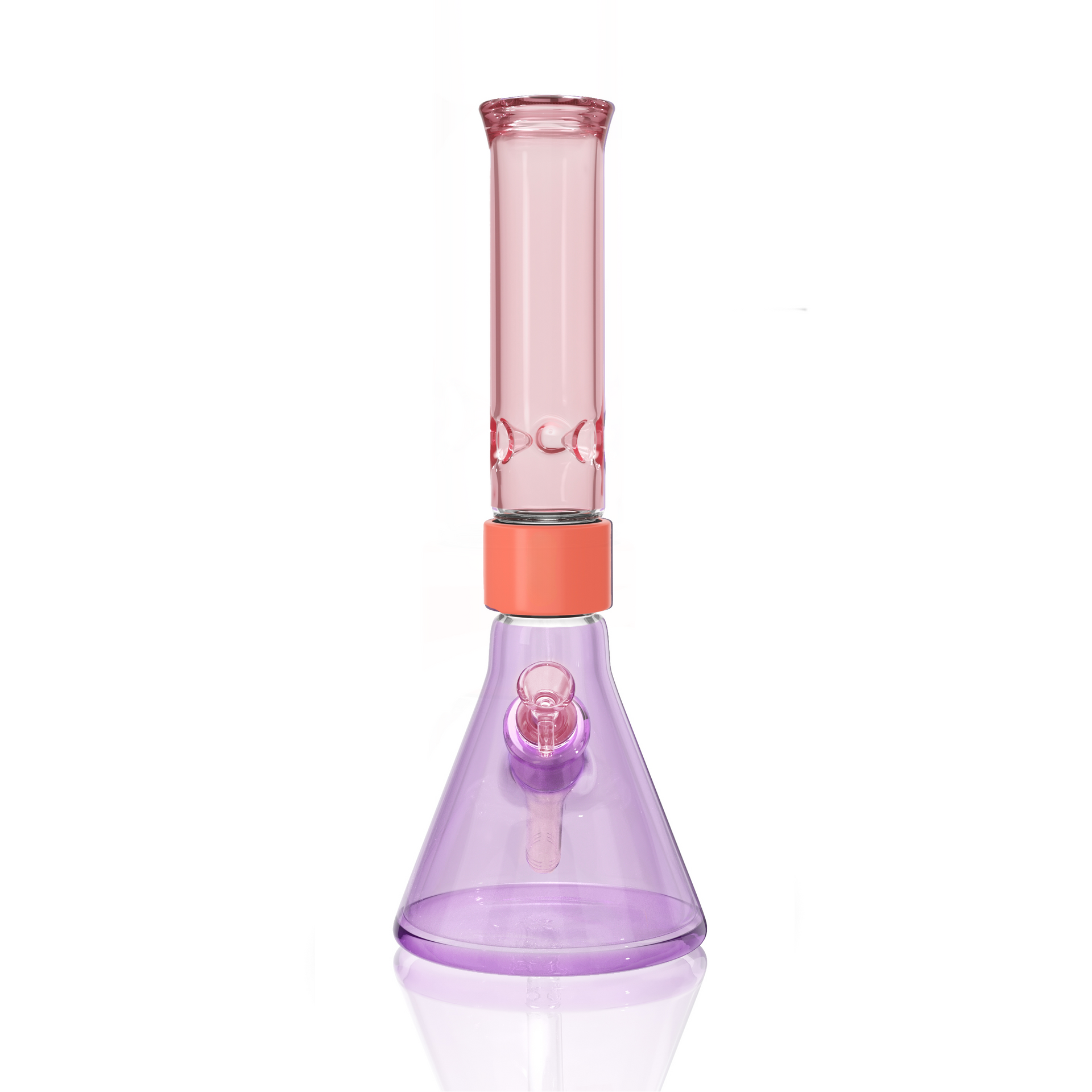 Prism Classic Duo Standard Beaker Single Stack in Grape Jolly Rancher and Pink Lemonade. A full-sized modular glass bong featuring a heavy-duty 7mm thick borosilicate beaker base in Grape Jolly Rancher purple, a coral anodized aluminum Classic Halo connector, and a Classic translucent Pink Lemonade standard mouthpiece. Includes matching Grape Jolly Rancher glass downstem and 14mm bowl.