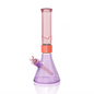Prism Classic Duo Standard Beaker Single Stack in Grape Jolly Rancher and Pink Lemonade. A full-sized modular glass bong featuring a heavy-duty 7mm thick borosilicate beaker base in Grape Jolly Rancher purple, a coral anodized aluminum Classic Halo connector, and a Classic translucent Pink Lemonade standard mouthpiece. Includes matching Grape Jolly Rancher glass downstem and 14mm bowl.