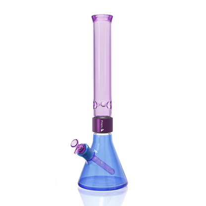Prism Classic Duo Tall Beaker Single Stack in Sapphire Blue and Grape Jolly Rancher. A full-sized modular glass bong featuring a heavy-duty 7mm thick borosilicate beaker base in Grape Jolly Rancher purple, a purple anodized aluminum Classic Halo connector, and a classic translucent Sapphire Blue tall mouthpiece. Includes matching Grape Jolly Rancher glass downstem and 14mm bowl.