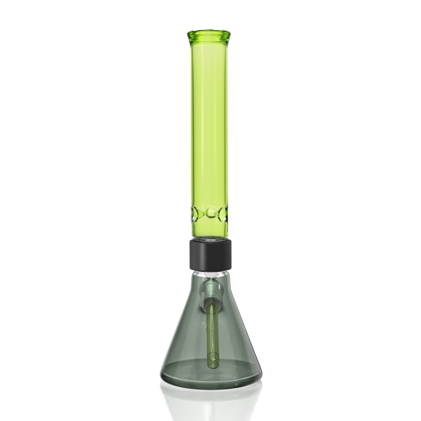 Prism Classic Duo Tall Beaker Single Stack in Midnight Black and Slime Green. A full-sized modular glass pipe featuring a heavy-duty 7mm thick borosilicate beaker base in Midnight Black, black anodized aluminum Classic Halo connector, and a classic Slime Green tall mouthpiece. Includes matching Slime Green glass downstem and 14mm bowl. Designed for maximum durability and interchangeable part swapping.