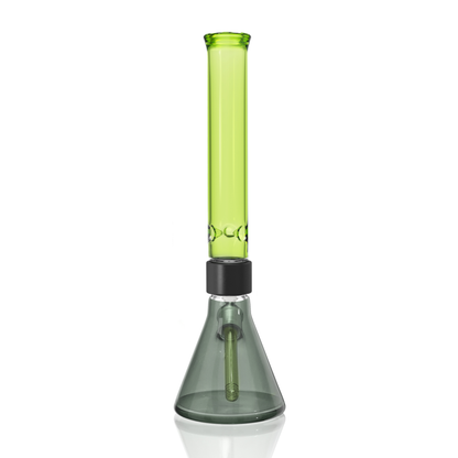 Prism Classic Duo Tall Beaker Single Stack in Midnight Black and Slime Green. A full-sized modular glass pipe featuring a heavy-duty 7mm thick borosilicate beaker base in Midnight Black, black anodized aluminum Classic Halo connector, and a classic Slime Green tall mouthpiece. Includes matching Slime Green glass downstem and 14mm bowl. Designed for maximum durability and interchangeable part swapping.
