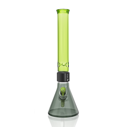 Prism Classic Duo Tall Beaker Single Stack in Midnight Black and Slime Green. A full-sized modular glass pipe featuring a heavy-duty 7mm thick borosilicate beaker base in Midnight Black, black anodized aluminum Classic Halo connector, and a classic Slime Green tall mouthpiece. Includes matching Slime Green glass downstem and 14mm bowl. Designed for maximum durability and interchangeable part swapping.