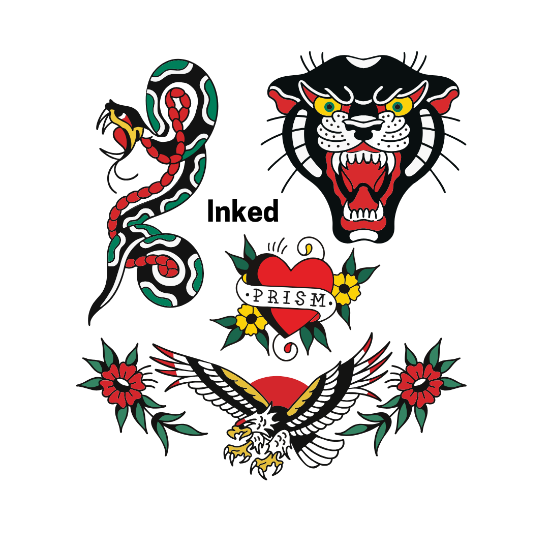 Collection of tattoo flash illustrations used in the Prism Inked decal family. Artwork is inspired by classic American Traditional tattoo art, similar to Ed Hardy style. The designs feature high-contrast colors (green, black, red, and yellow) and include a snake with fangs, a snarling panther, an eagle with outstretched wings and talons, flowers, and a heart with the Prism brand name. This collection is a great gift for tattoo lovers. 