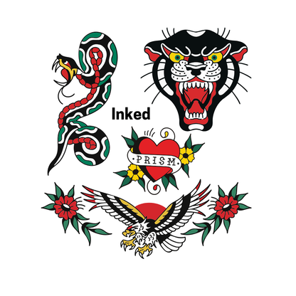 Collection of tattoo flash illustrations used in the Prism Inked decal family. Artwork is inspired by classic American Traditional tattoo art, similar to Ed Hardy style. The designs feature high-contrast colors (green, black, red, and yellow) and include a snake with fangs, a snarling panther, an eagle with outstretched wings and talons, flowers, and a heart with the Prism brand name. This collection is a great gift for tattoo lovers. 